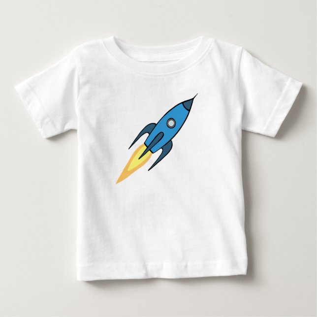 Blue Rocket Ship Outer Space Personalised Boy Cute Baby T-Shirt (Front)