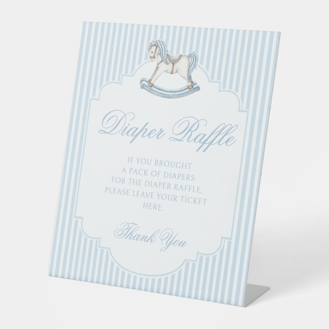 Blue rocking horse baby boy shower diaper raffle pedestal sign (Front)