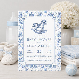 Blue Rocking Horse Baby Boy Shower Vintage Toys Invitation