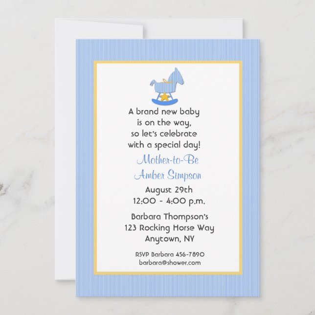 Blue Rocking Horse Baby Shower Invitation (Front)
