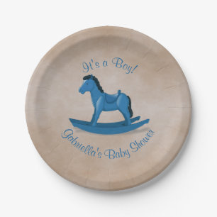 Blue Rocking Horse Baby Shower Paper Plate