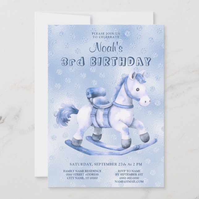 Blue Rocking Horse Birthday Invitation (Front)