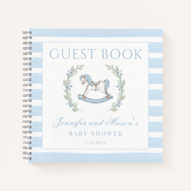 Blue rocking horse cute baby boy shower guest book (Front)