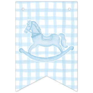 Blue Rocking Horse Gingham Boy Baby Banner