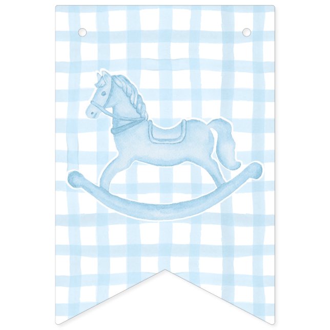 Blue Rocking Horse Gingham Boy Baby Banner (First Flag)
