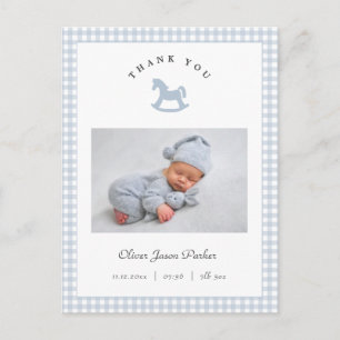 Blue Rocking horse Gingham Boy Birth Announcement Postcard