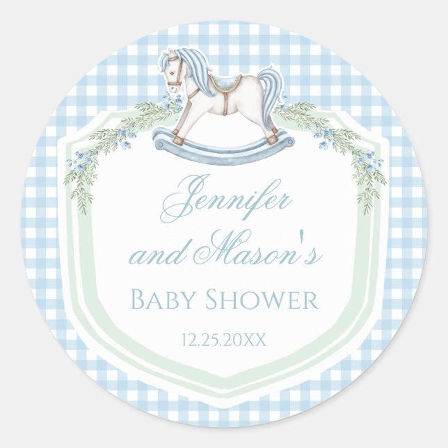 Blue rocking horse gingham preppy baby boy shower classic round sticker (Front)