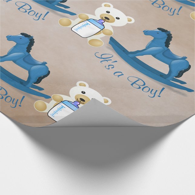 Blue Rocking Horse IT'S A BOY! Wrapping Paper (Corner)