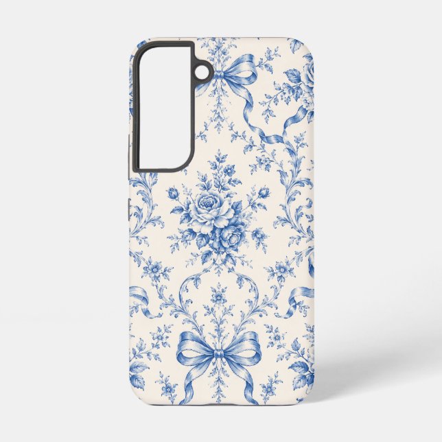 Blue Rococo Rose Ribbon Toile Phone Case (Back)
