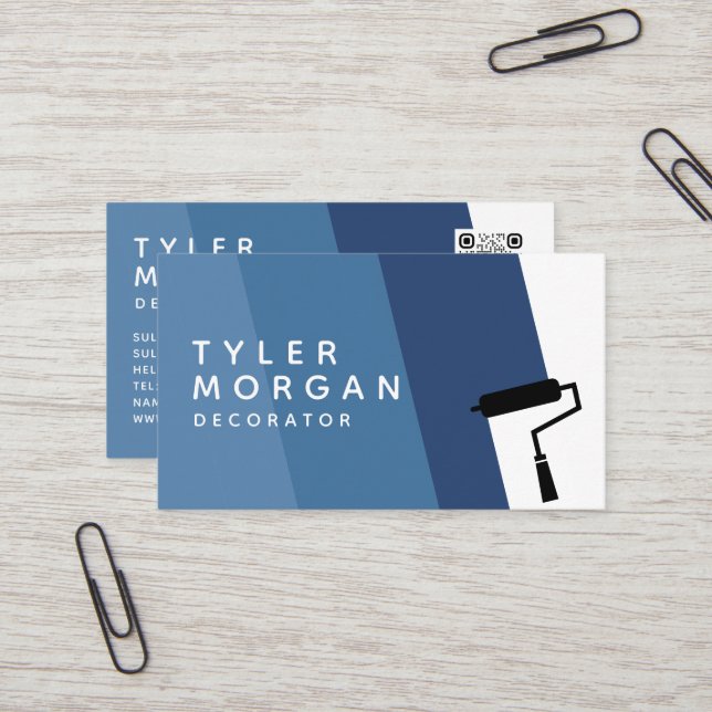 Blue Roller Stripe QR Code Decorator  Business Card (Front/Back In Situ)