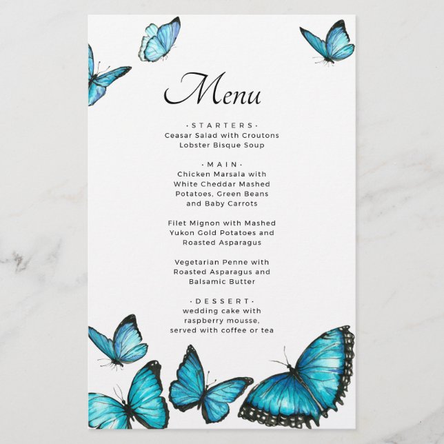 Blue romantic butterflies. Elegant wedding menu (Front)