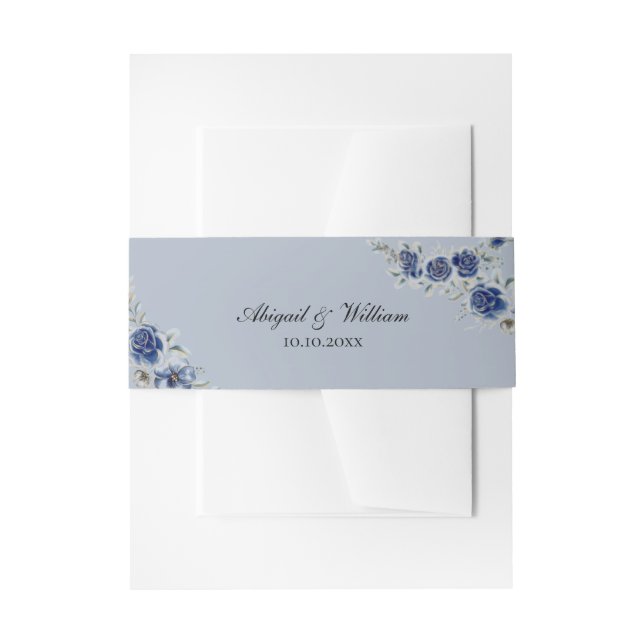 Blue Romantic Floral Botanical Wedding Belly Bands Invitation Belly Band (Front Example)