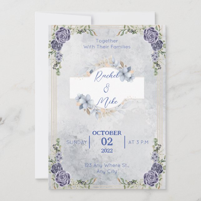 Blue Romantic Florals Wedding Invitation  (Front)