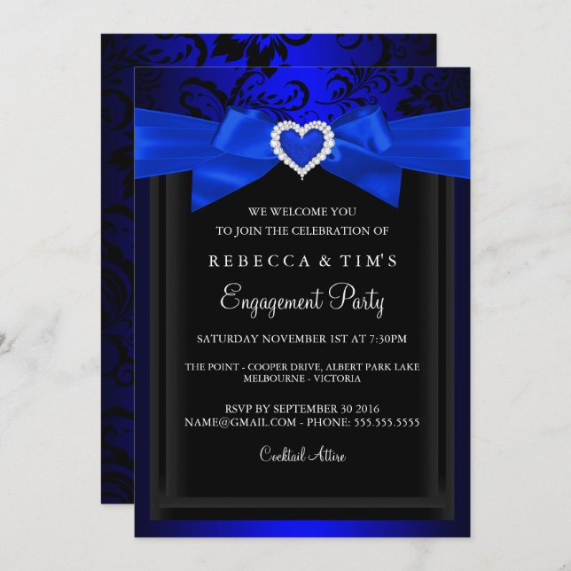 Blue Romantic Heart Engagement Party Invitation (Front/Back)