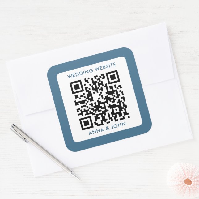 blue romantic modern minimalist wedding qr code square sticker (Envelope)