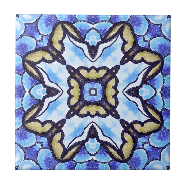 Blue Romantic Moroccan Abstract Floral Pattern Tile (Front)