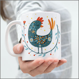 Blue rooster bird folk art "Good Morning" Coffee Mug