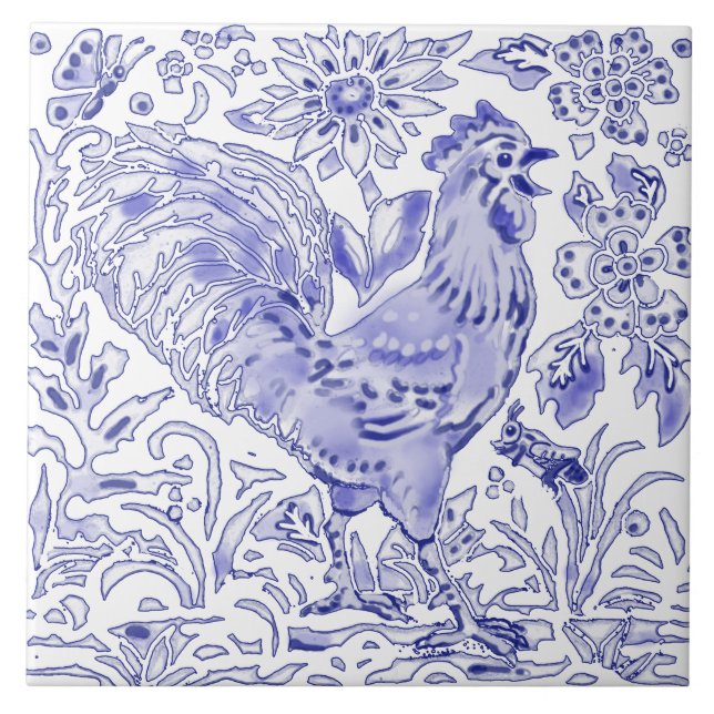 Blue Rooster Chicken Insect Farmhouse Rustic Art  Tile (Front)
