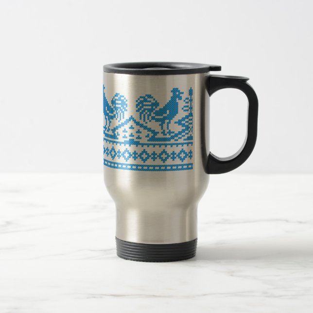 Blue Rooster cross-stitch Travel Mug (Right)
