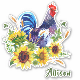 Blue Rooster with Sunflowers Name Sticker