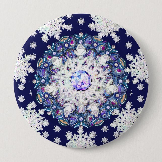 Blue rosace & snowflake 10 cm round badge (Front)