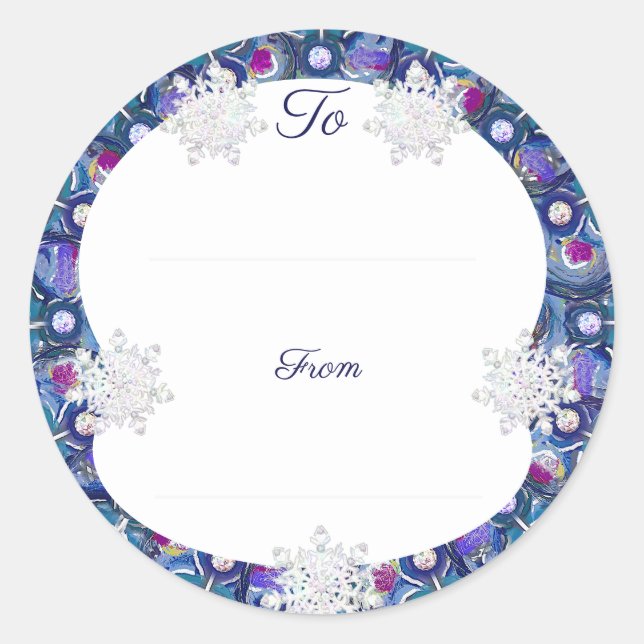 Blue rosace & snowflake classic round sticker (Front)