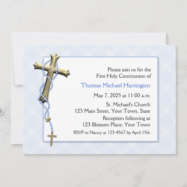 Blue Rosary Beads, Cross, Religious Invitation (Front)