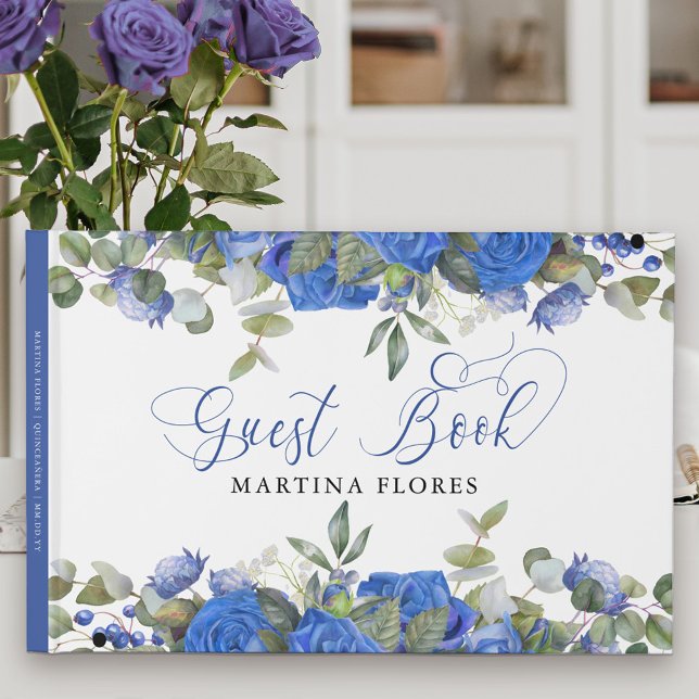 Blue Rose and Eucalyptus Elegant Floral Guest Book (Blue floral Guest Book with elegant calligraphy. Lovely keepsake .. easy to customize for any event.)
