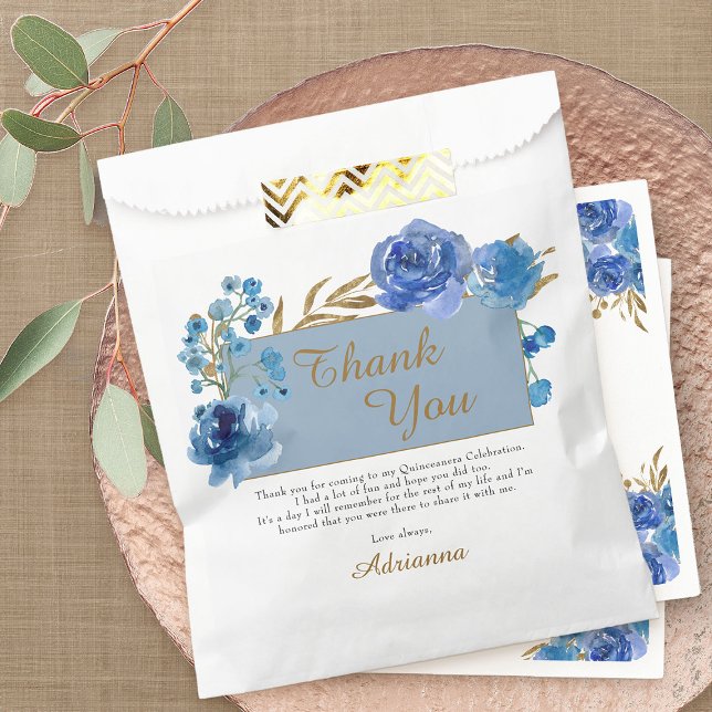 Blue Rose and Gold Leaf Thank You Party Favour Bags (Blue roses favor bags from my Rose and Gold Leaf quinceanera collection)