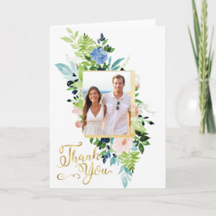 Blue Rose and Peach Floral Wedding Photo Thank You Card