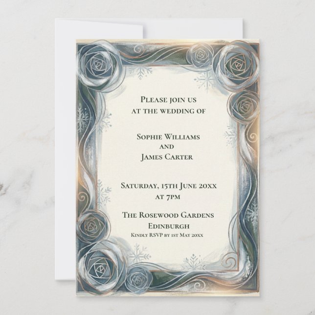 Blue Rose Art Nouveau Wedding Invitation (Front)