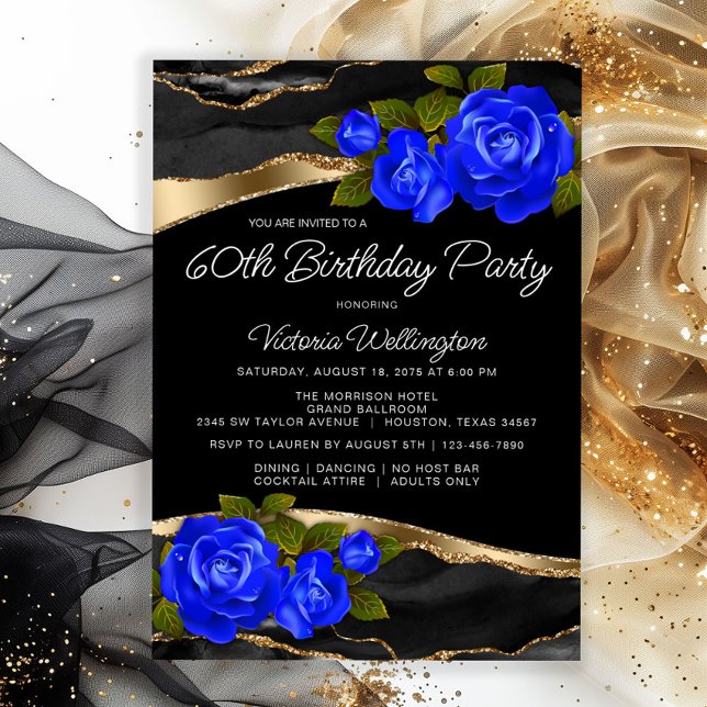 Blue Rose Black Gold Any Number Birthday Invitation (Elegant blue roses on a beautiful black and gold background any number birthday or event invitation.)
