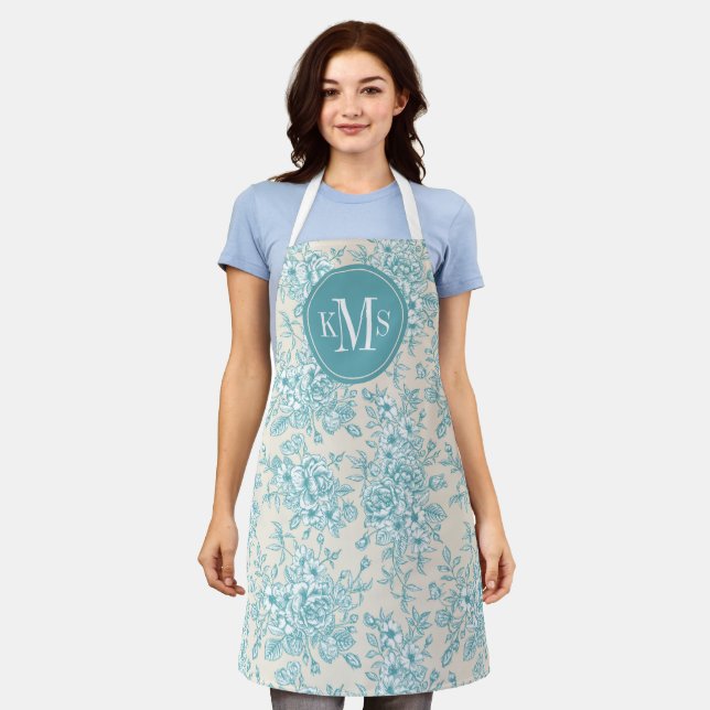 Blue Rose Bouquet Garden Floral Pattern Apron (Worn)