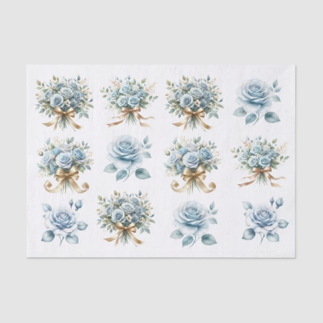 Blue Rose Bouquet Gold Ribbon Ephemera Decoupage Tissue Paper (Front)