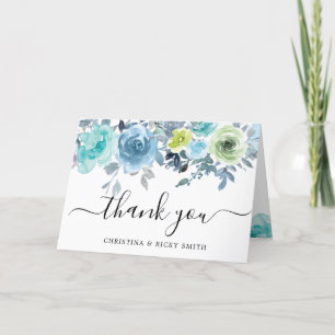 Blue Rose Bouquet Watercolor Flowers Wedding Thank You Card