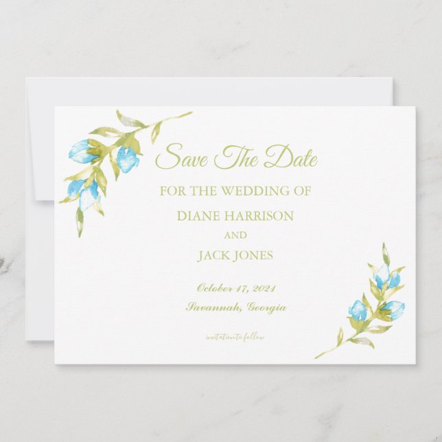 Blue Rose Buds Wedding Save The Date Invitation (Front)