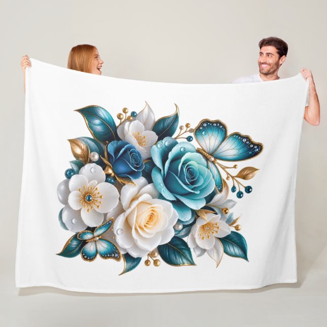 Blue Rose Butterfly Floral Fleece Blanket (In Situ)