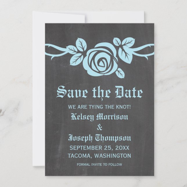 Blue Rose Chalkboard Save the Date Invite (Front)