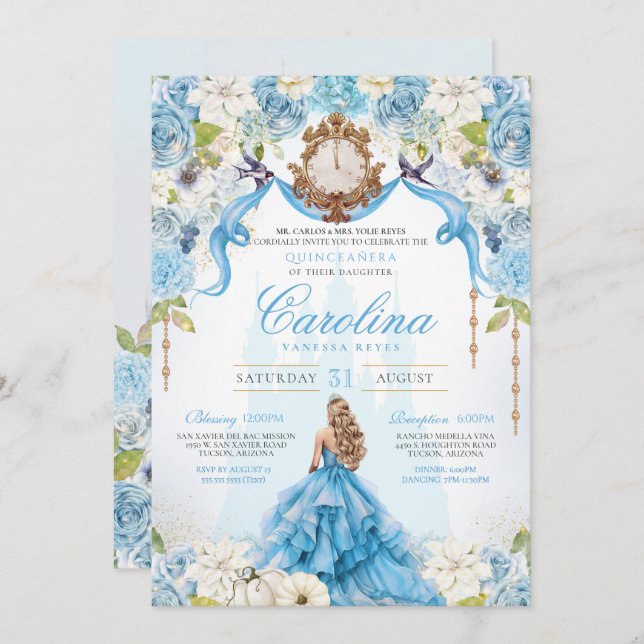 Blue Rose Cinderella Royal Princess Quinceanera Invitation (Front/Back)