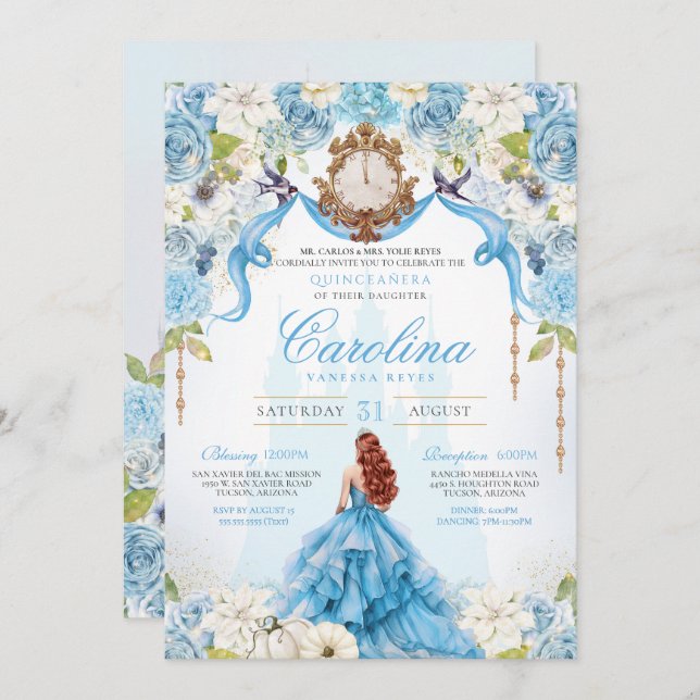 Blue Rose Cinderella Royal Princess Quinceanera Invitation (Front/Back)
