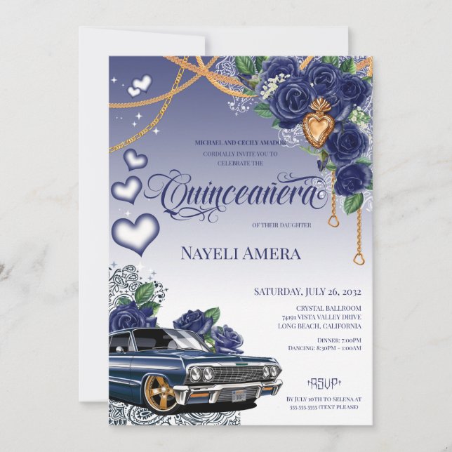 Blue Rose Classic Blue Lowrider Chola Quinceanera Invitation (Front)