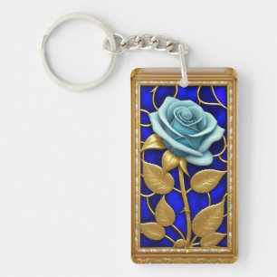 Blue Rose Design in Stained Glass Key Ring