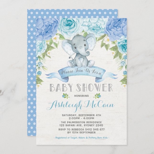 Blue Rose Elephant Baby Shower Boy Jungle Invitation (Front/Back)