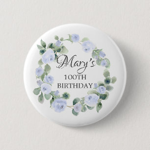 Blue Rose Eucalyptus Botanical 100TH Birthday  6 Cm Round Badge