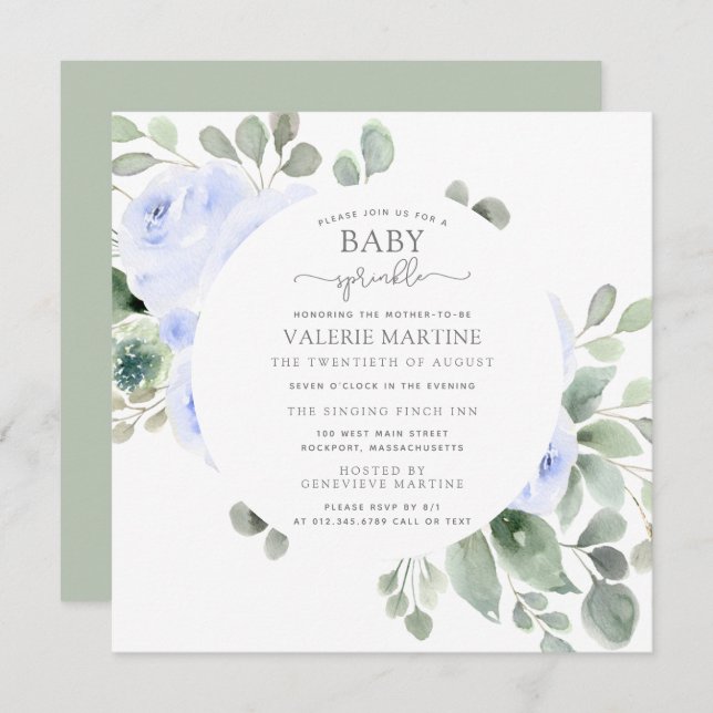 Blue Rose Floral Baby Sprinkle Invitation (Front/Back)