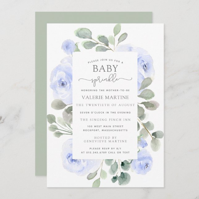 Blue Rose Floral Baby Sprinkle Invitation (Front/Back)