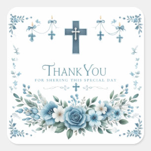 Blue Rose & Floral Cross Baptism Thank You Sticker