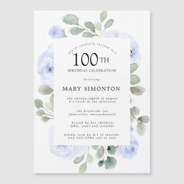  Blue Rose Floral Eucalyptus 100th Birthday Party Magnetic Invitation (Front)