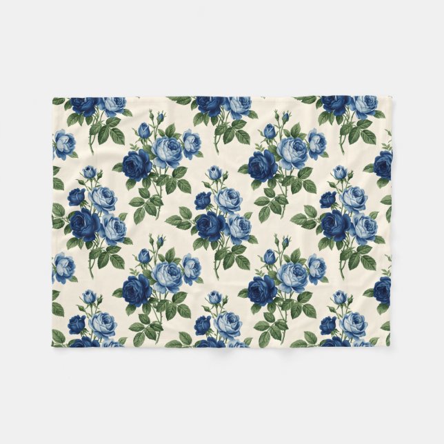 Blue Rose Floral Pattern Fleece Blanket (Front (Horizontal))