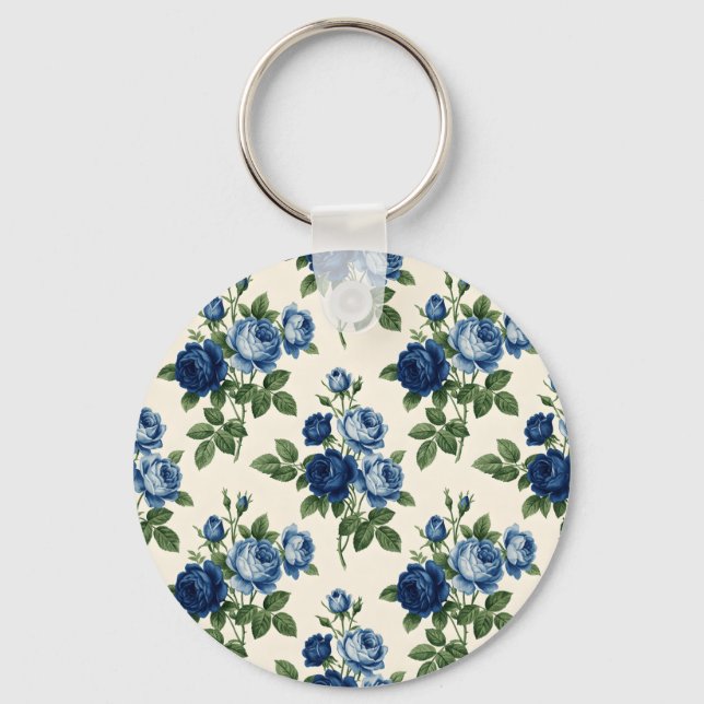 Blue Rose Floral Pattern Key Ring (Front)